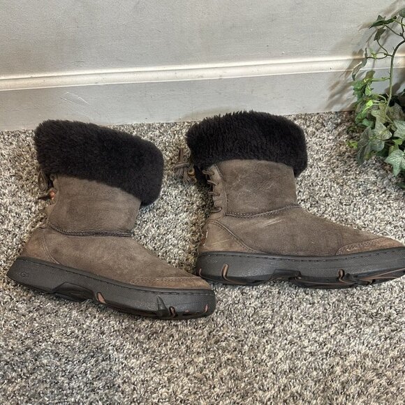 UGG Boots Size 6 Ultimate Bind Brown Suede Leather Back Lace Up foldover - Picture 4 of 9
